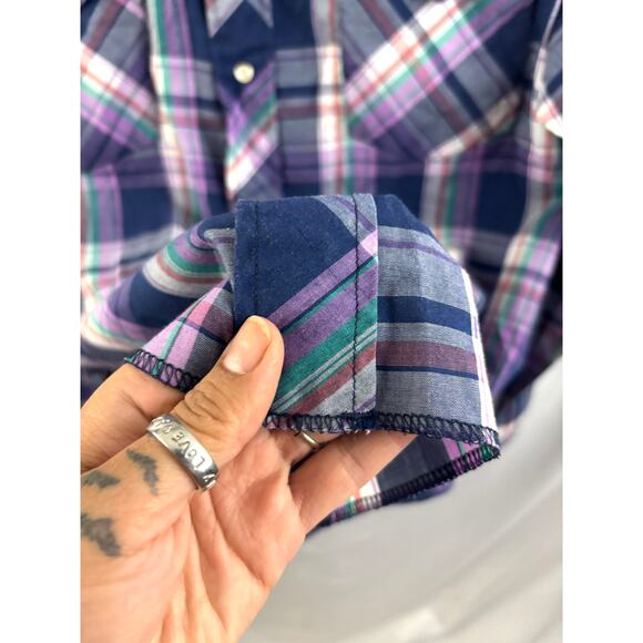 Vintage Wrangler Western Pearl Snap Shirt Mens XL Plaid Blue Purple Cowboy 90s - Picture 9 of 12